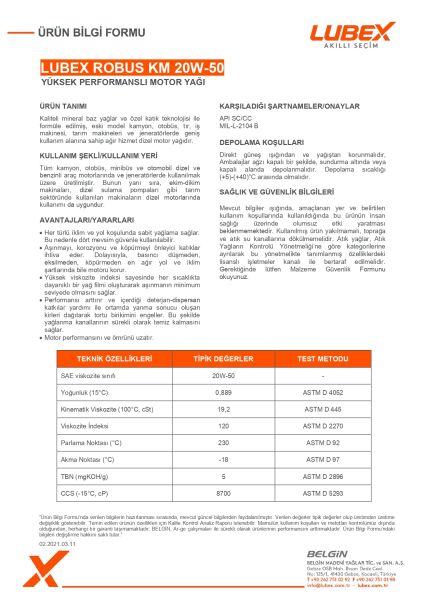 LUBEX ROBUS KM 20W-50 Motor Yağı – Yüksek Kilometre ve Ağır Koşullar İçin Mineral Yağ