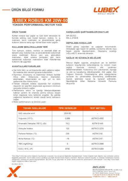 LUBEX ROBUS KM 20W-50 Motor Yağı – Yüksek Kilometre ve Ağır Koşullar İçin Mineral Yağ