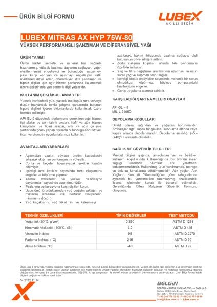 LUBEX MITRAS AX HYP 75W-80 Şanzıman Yağı – Yüksek Performanslı Manuel Şanzımanlar İçin