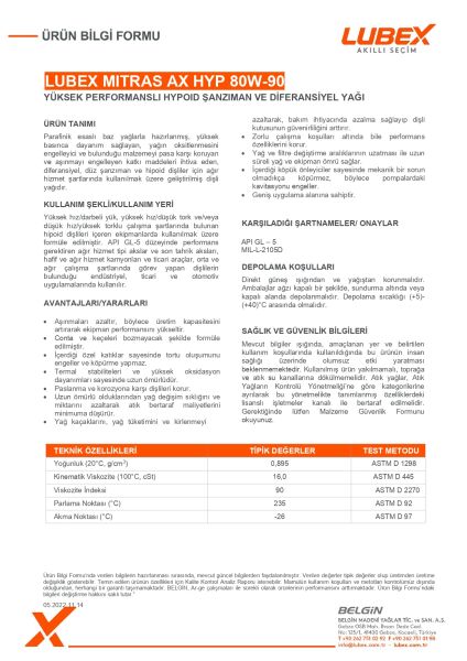 LUBEX MITRAS AX HYP 80W-90 Şanzıman ve Diferansiyel Yağı – Ağır Hizmet Koşulları İçin Üstün Koruma