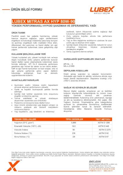 LUBEX MITRAS AX HYP 80W-90 Şanzıman ve Diferansiyel Yağı – Ağır Hizmet Koşulları İçin Üstün Koruma