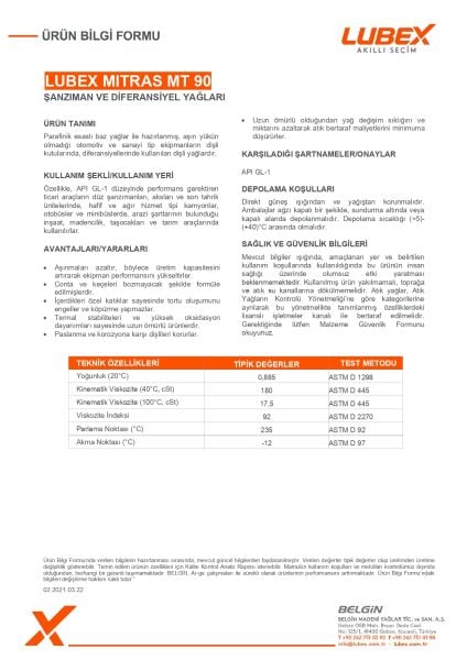 LUBEX MITRAS MT 90 Şanzıman ve Diferansiyel Yağı – Manuel Şanzımanlar İçin Güçlü Koruma