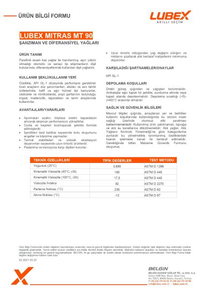 LUBEX MITRAS MT 90 Şanzıman ve Diferansiyel Yağı – Manuel Şanzımanlar İçin Güçlü Koruma