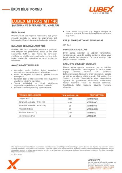 LUBEX MITRAS MT 140 Şanzıman ve Diferansiyel Yağı – Ağır Hizmet ve Yüksek Basınç İçin Dayanıklı Koruma