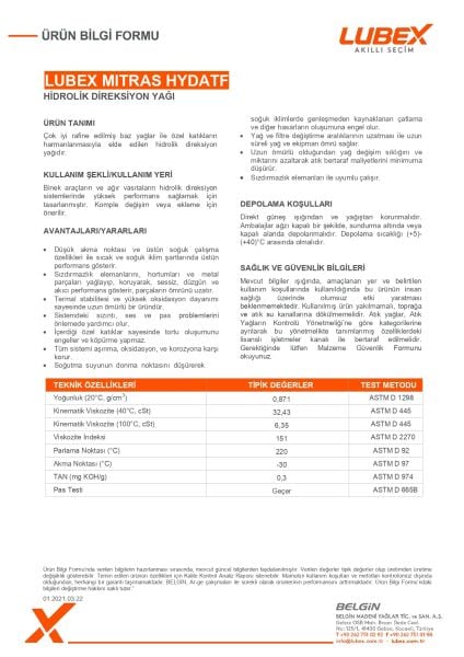 LUBEX MITRAS HYDATF Otomatik Şanzıman Yağı – Yüksek Performans ve Güvenilirlik
