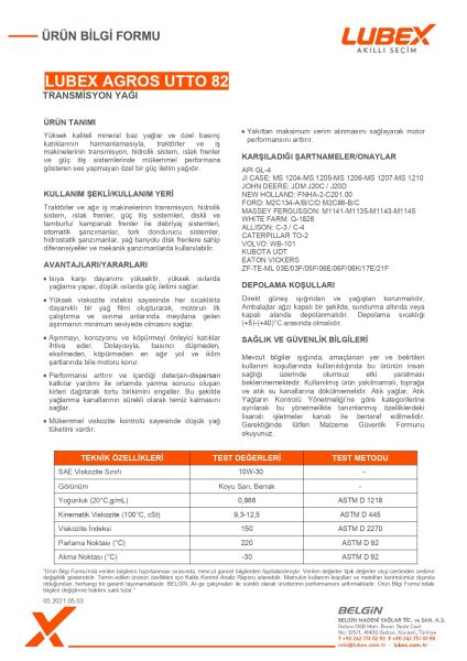 Lubex Agros UTTO 82 Traktör Şanzıman ve Hidrolik Yağı | UTTO Universal Tractor Transmission Oil