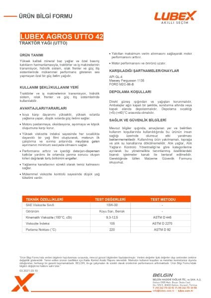 Lubex Agros UTTO 42 Traktör Şanzıman ve Hidrolik Yağı | UTTO Universal Transmission Fluid