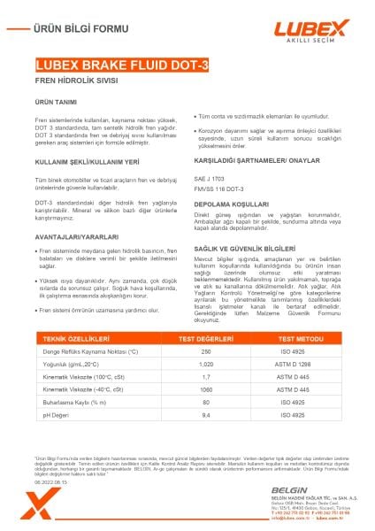 Lubex Brake Fluid DOT 3 Fren Hidroliği | Yüksek Performanslı DOT 3 Hidrolik Fren Sıvısı