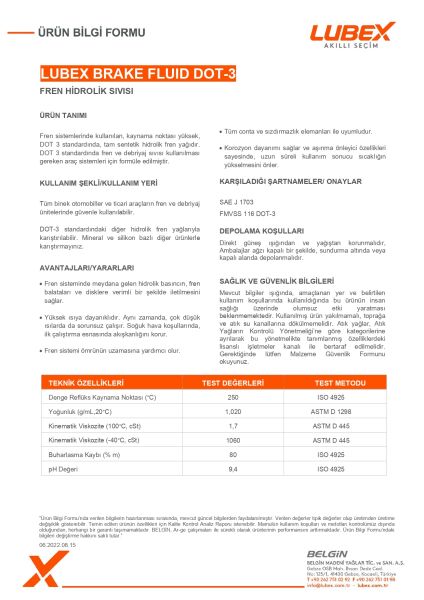 Lubex Brake Fluid DOT 3 Fren Hidroliği | Yüksek Performanslı DOT 3 Hidrolik Fren Sıvısı
