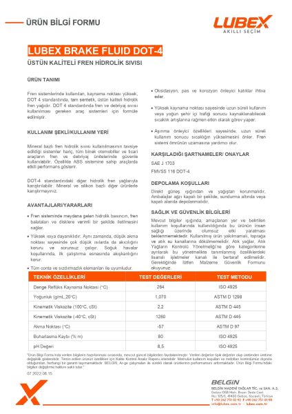 Lubex Brake Fluid DOT 4 Fren Hidroliği | Yüksek Kaynama Noktalı DOT 4 Fren Sıvısı