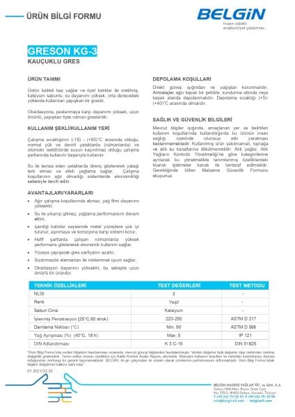 Greson KG 3 Çok Amaçlı Kalsiyum Gresi | Endüstriyel ve Otomotiv Kullanımı İçin NLGI 3 Gres