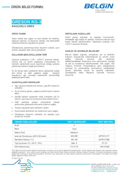 Greson KG 3 Çok Amaçlı Kalsiyum Gresi | Endüstriyel ve Otomotiv Kullanımı İçin NLGI 3 Gres