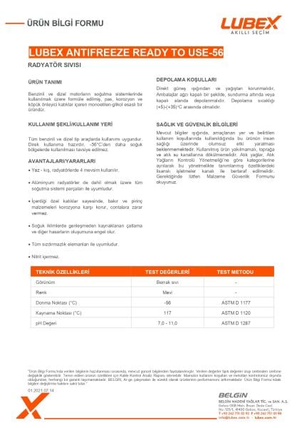 Lubex Antifreeze Ready To Use -56 Hazır Antifriz | Donmaya Karşı -56°C Koruma | Kullanıma Hazır Soğutma Sıvısı