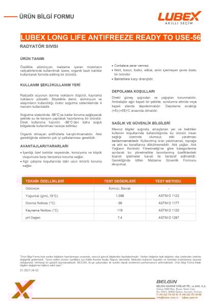Lubex Long Life Antifreeze Ready To Use -56 | Uzun Ömürlü Hazır Antifriz | -56°C Donma Koruması