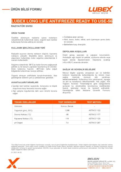 Lubex Long Life Antifreeze Ready To Use -56 | Uzun Ömürlü Hazır Antifriz | -56°C Donma Koruması