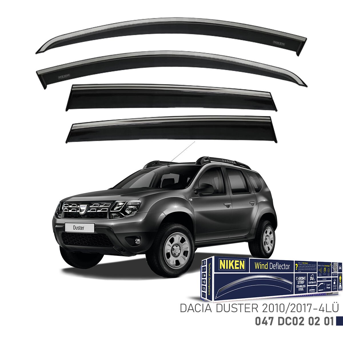 Dacia Duster 2010–2017 Kromlu Cam Rüzgarlığı 4’lü | Araca Özel Yan Rüzgarlık Seti
