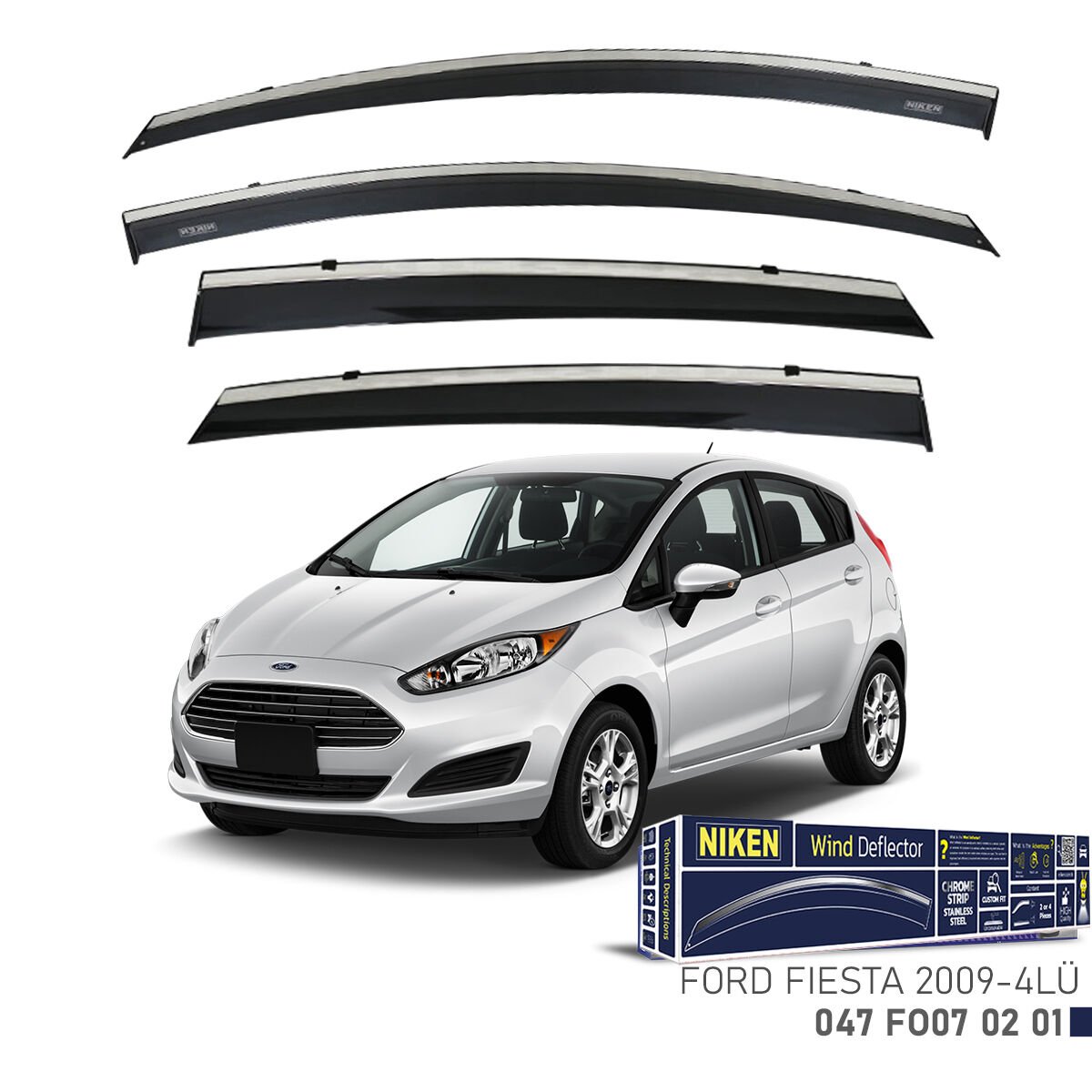 Ford Fiesta 2009– Kromlu Cam Rüzgarlığı 4’lü | Araca Özel Yan Rüzgarlık Seti
