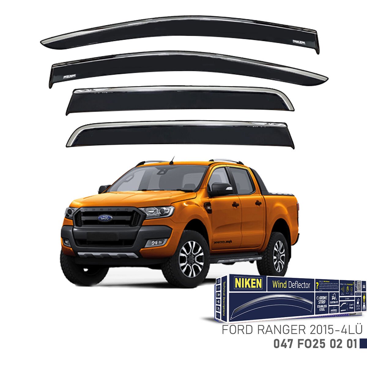 Ford Ranger 2015– Kromlu Cam Rüzgarlığı 4’lü | Araca Özel Yan Rüzgarlık Seti