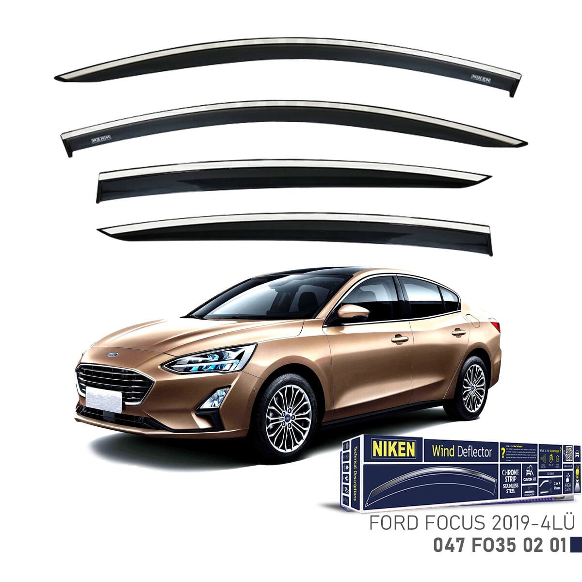 Ford Focus 2019– Kromlu Cam Rüzgarlığı 4’lü | Araca Özel Yan Rüzgarlık Seti