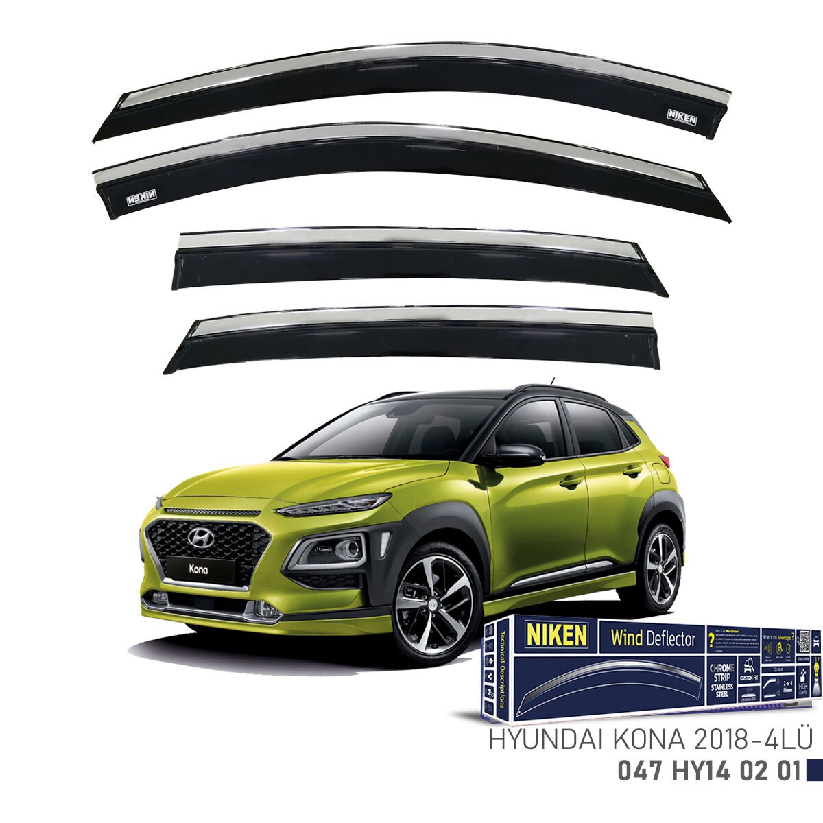 Hyundai Kona 2018– Kromlu Cam Rüzgarlığı 4’lü | Araca Özel Yan Rüzgarlık Seti