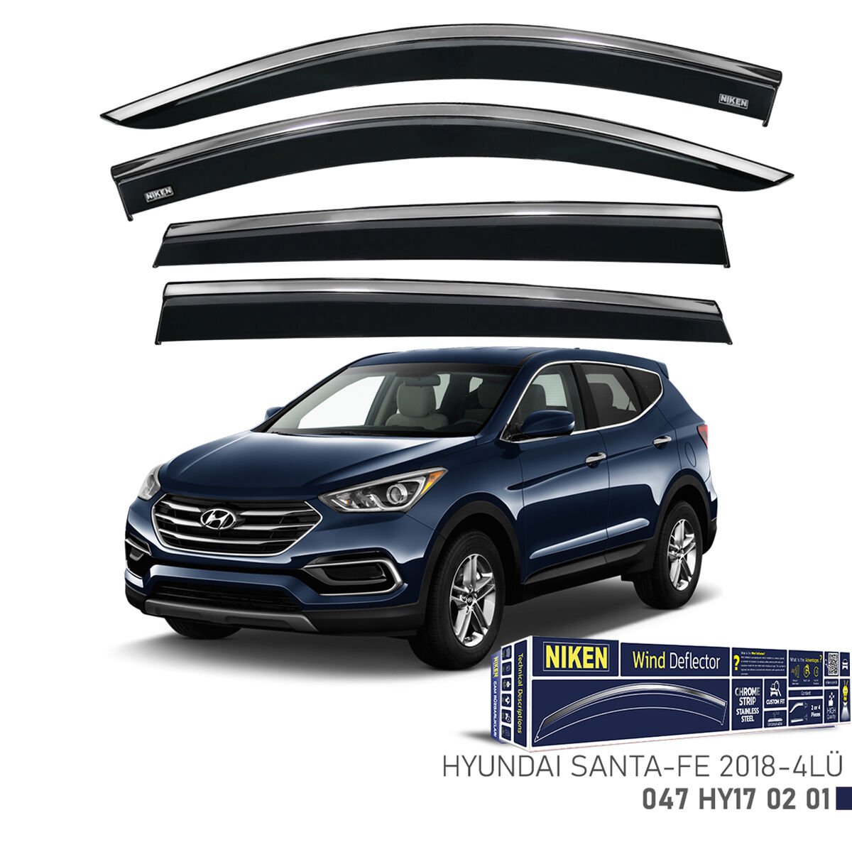Hyundai Santa Fe 2018– Kromlu Cam Rüzgarlığı 4’lü | Araca Özel Yan Rüzgarlık Seti