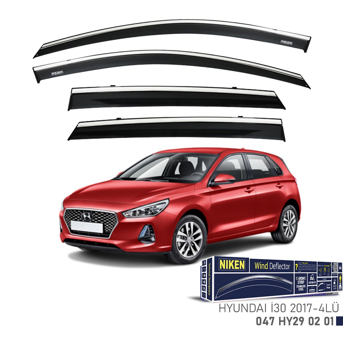 Hyundai i30 2017– Kromlu Cam Rüzgarlığı 4’lü | Araca Özel Yan Rüzgarlık Seti