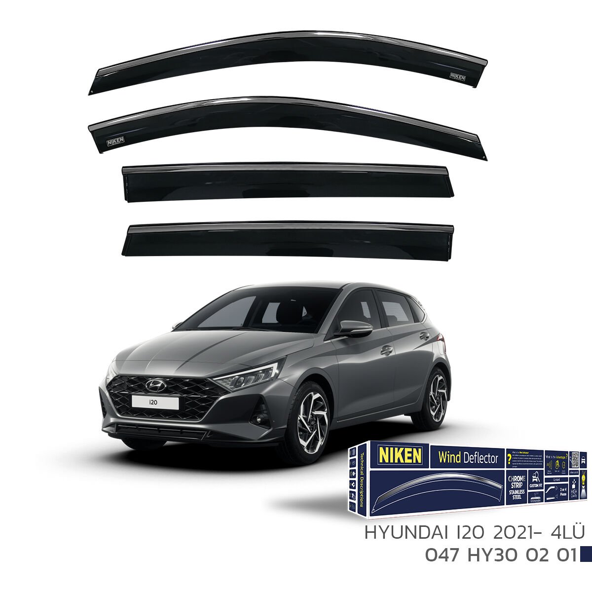 Hyundai i20 2021– Kromlu Cam Rüzgarlığı 4’lü | Araca Özel Yan Rüzgarlık Seti