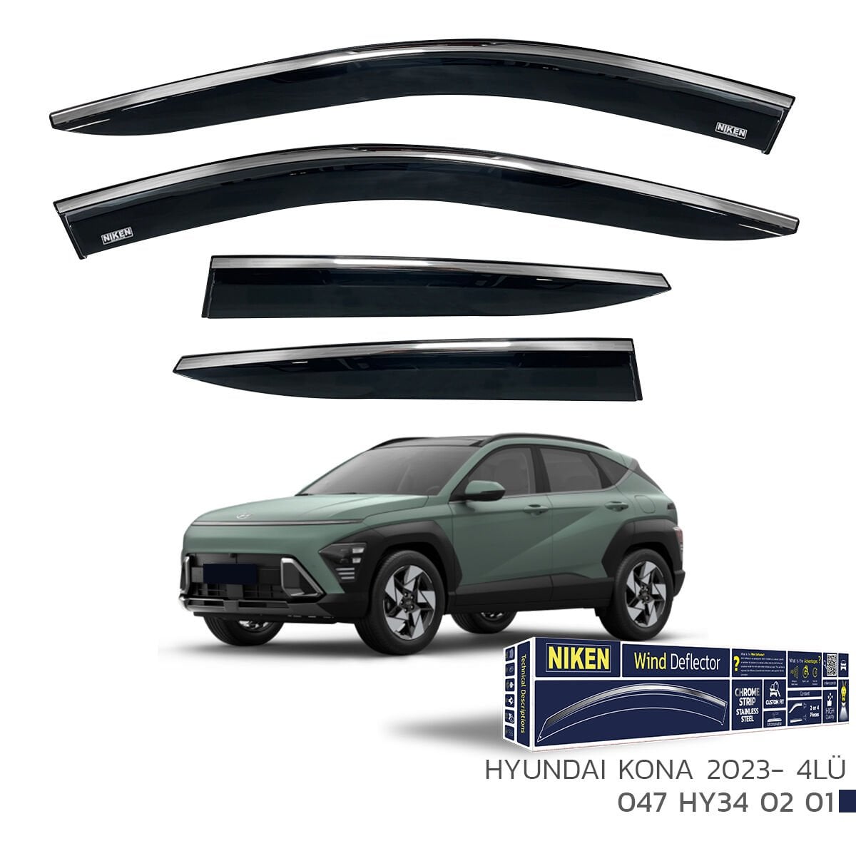Hyundai Kona 2023– Kromlu Cam Rüzgarlığı 4’lü | Araca Özel Yan Rüzgarlık Seti