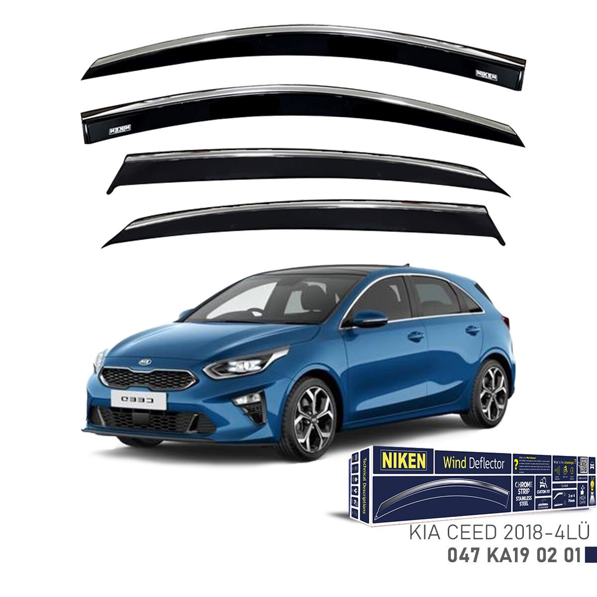 Kia Ceed 2018– Kromlu Cam Rüzgarlığı 4’lü | Araca Özel Yan Rüzgarlık Seti