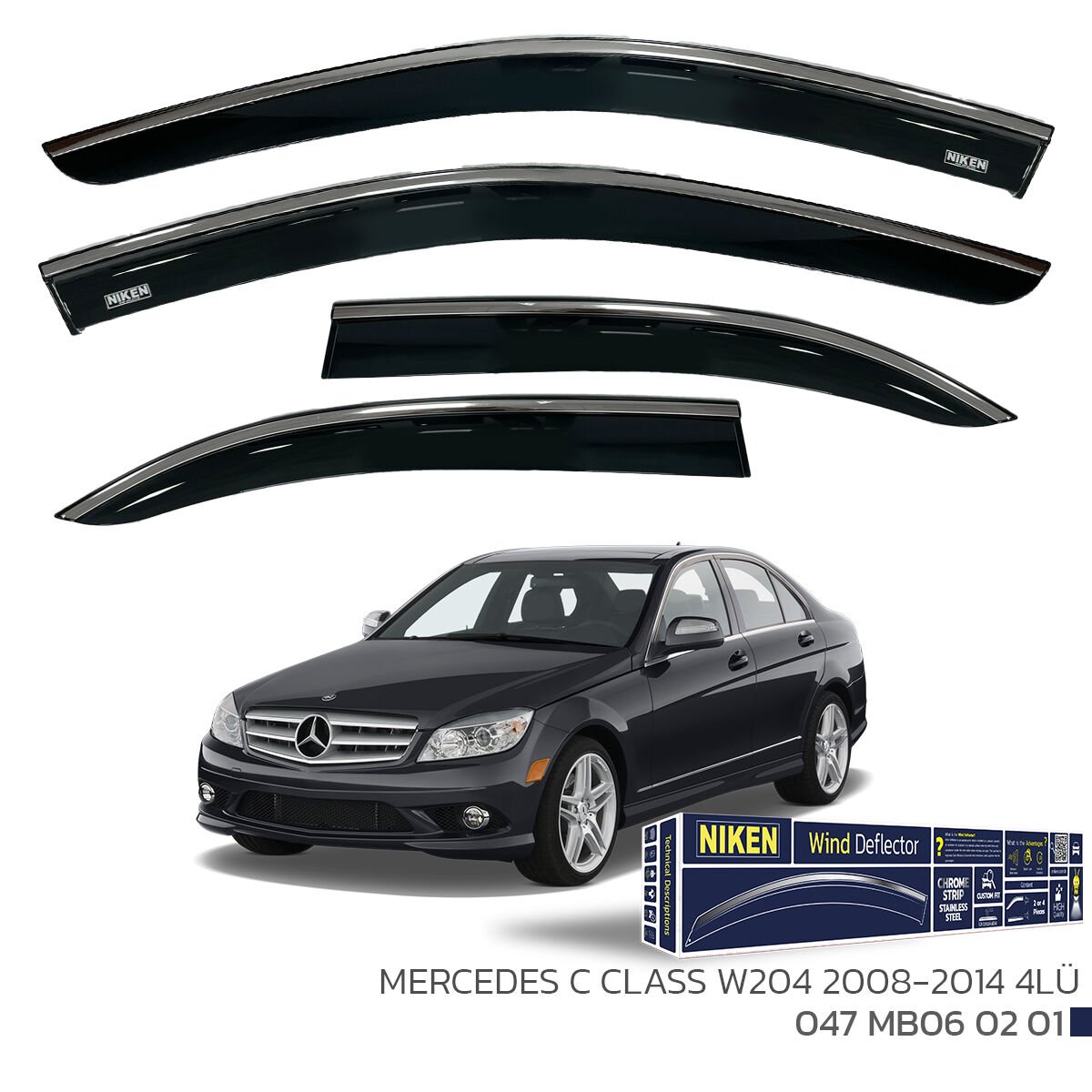 Mercedes C-Class W204 2008–2014 Kromlu Cam Rüzgarlığı 4’lü | Araca Özel Yan Rüzgarlık Seti