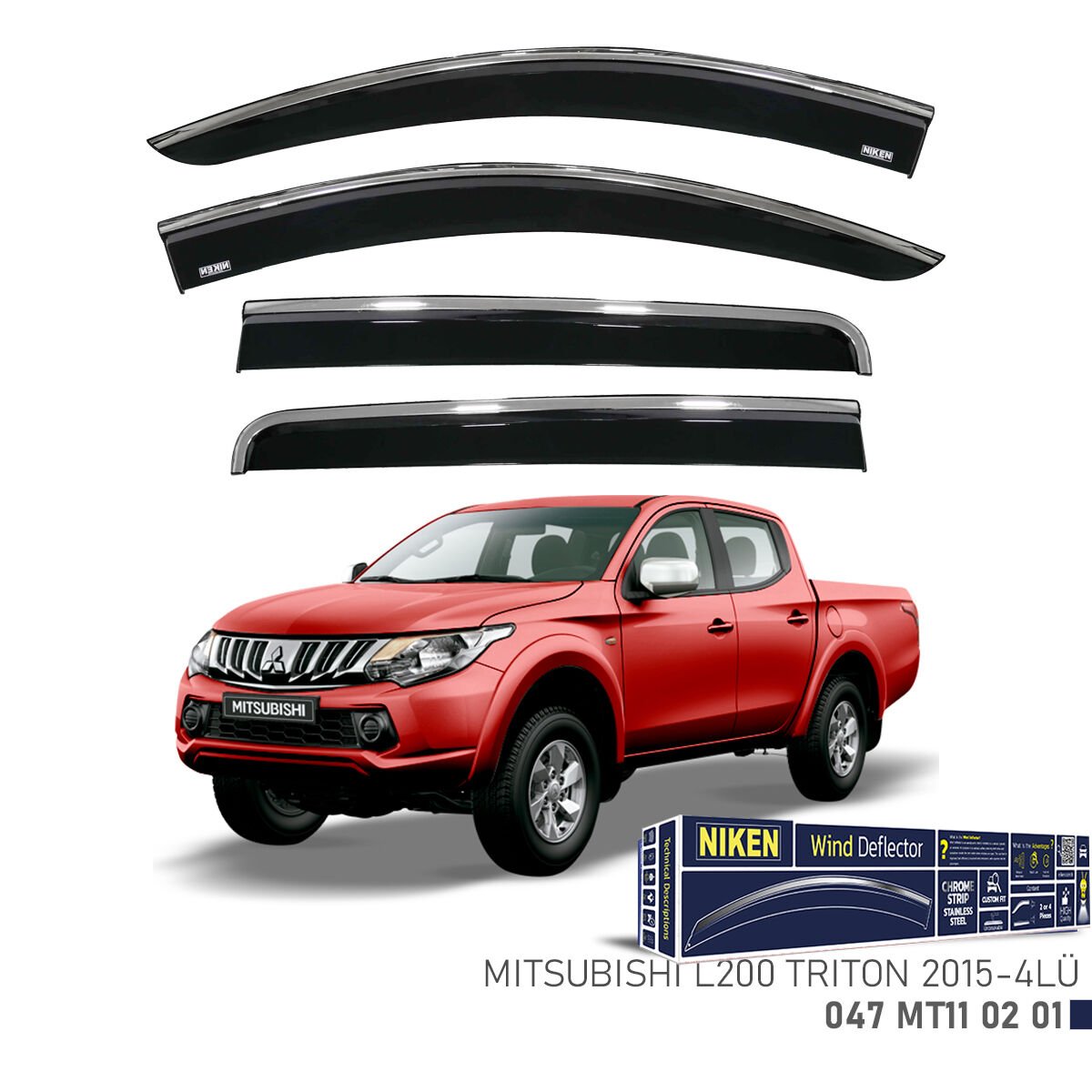 Mitsubishi L200 Triton 2015– Kromlu Cam Rüzgarlığı 4’lü | Araca Özel Yan Rüzgarlık Seti