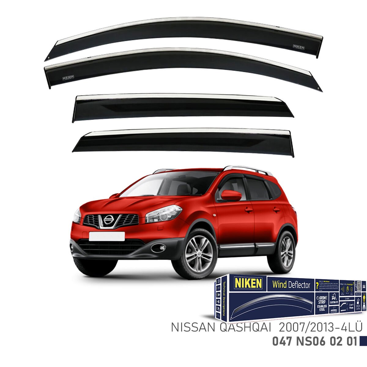 Nissan Qashqai 2007–2013 Kromlu Cam Rüzgarlığı 4’lü | Araca Özel Yan Rüzgarlık Seti