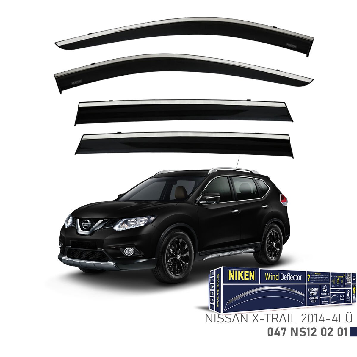 Nissan X-Trail 2014– Kromlu Cam Rüzgarlığı 4’lü | Araca Özel Yan Rüzgarlık Seti