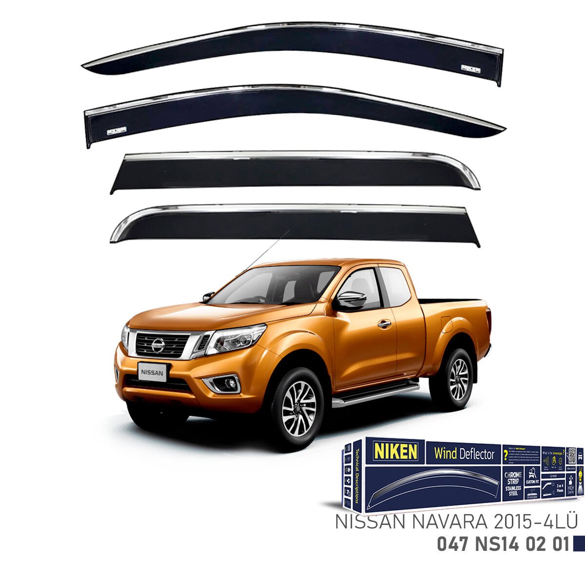 Nissan Navara 2015– Kromlu Cam Rüzgarlığı 4’lü | Araca Özel Yan Rüzgarlık Seti