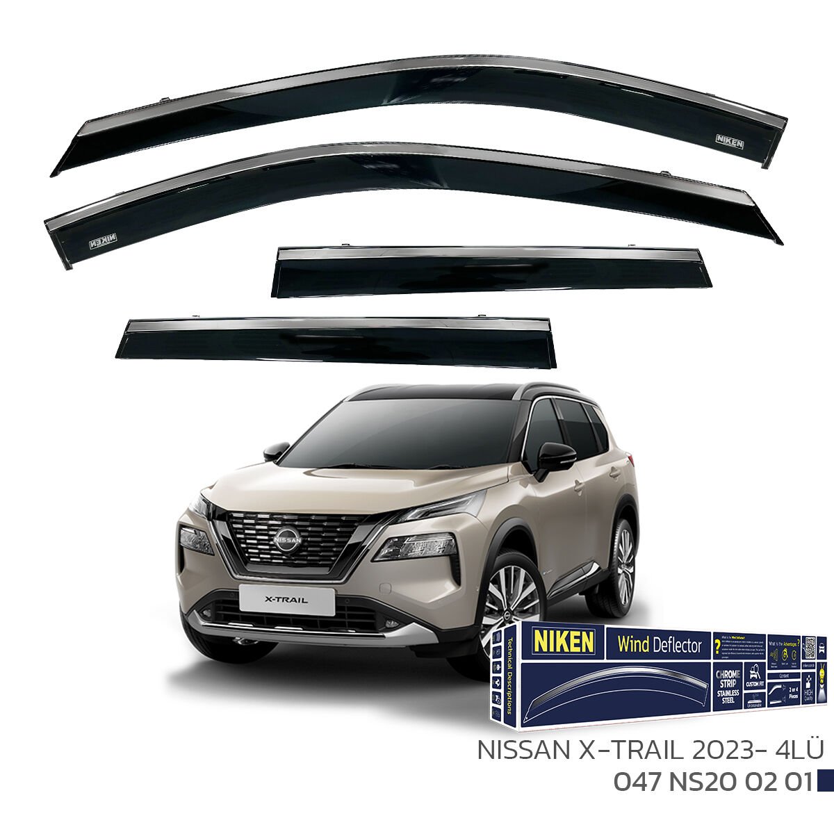 Nissan X-Trail 2023– Kromlu Cam Rüzgarlığı 4’lü | Araca Özel Yan Rüzgarlık Seti