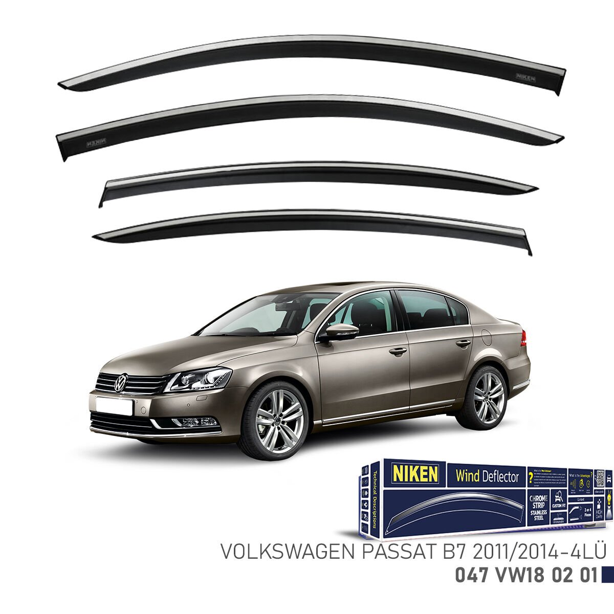VW Passat B7 2011-2014 Kromlu Cam Rüzgarlığı (4’lü Set) – Sedan Uyumlu Premium Rüzgarlık