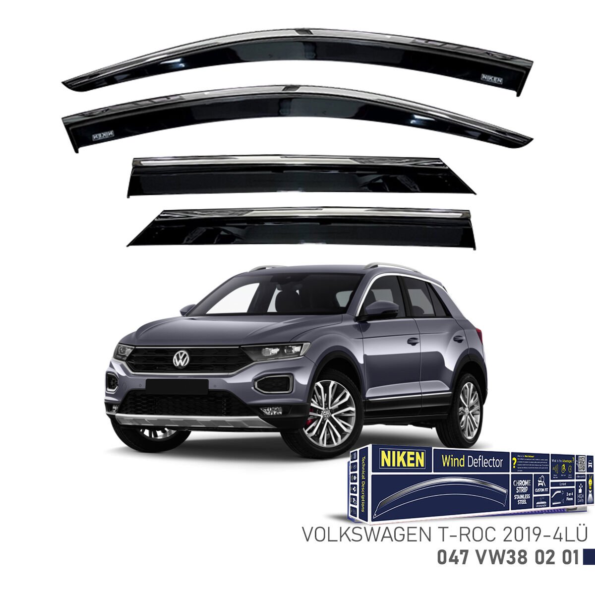 VW T-Roc 2019- Kromlu Cam Rüzgarlığı (4’lü Set) – SUV Uyumlu Premium Rüzgarlık