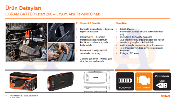 Osram Akü Takviye Cihazı 200 Taşınabilir Akü Jump Starter ve Powerbank