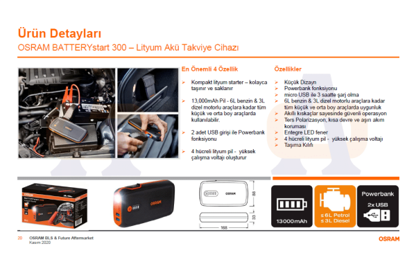 Osram Akü Takviye Cihazı 300 Taşınabilir Jump Starter ve Powerbank