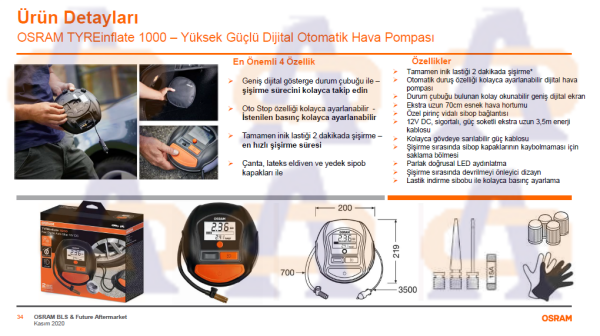 Osram Hava Pompası Dijital 1000 12V Dijital Lastik Şişirme Kompresörü