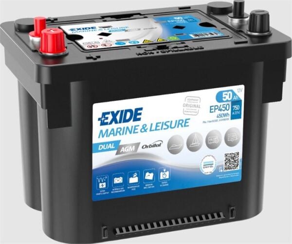 Exide Marin EXD‑EP450 12V 50 Ah 750 CCA AGM Ters Dual Marin Akü – Tekne ve Deniz Araçları İçin