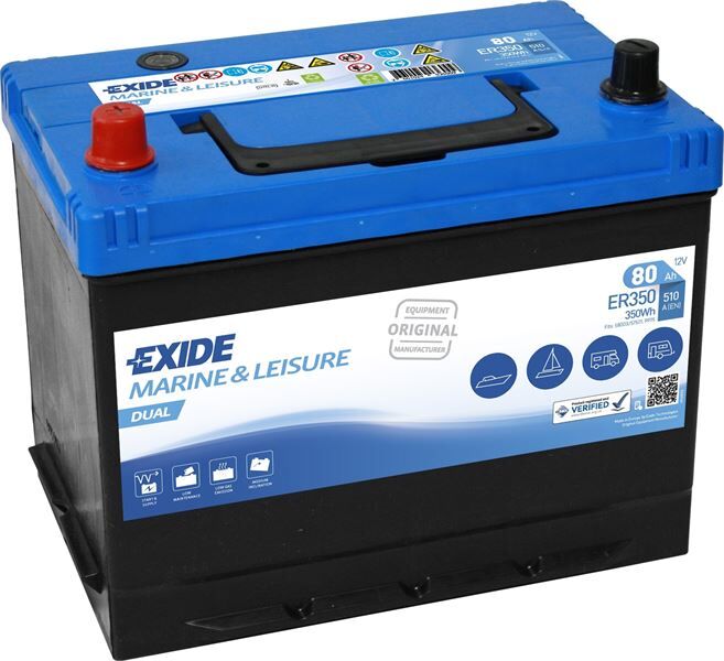 Exide Marin EXD‑ER350 12V 80 Ah 510 CCA Ters Dual Marin Akü – Tekne ve Deniz Araçları İçin