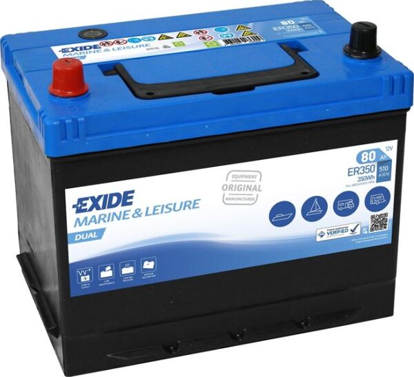 Exide Marin EXD‑ER350 12V 80 Ah 510 CCA Ters Dual Marin Akü – Tekne ve Deniz Araçları İçin