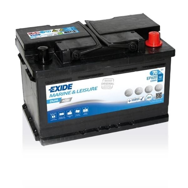 Exide Marin EXD‑EP600 12V 70 Ah 760 CCA AGM Dual Marin Akü – Tekne ve Deniz Araçları İçin