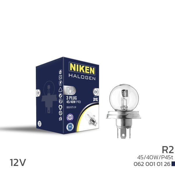 NIKEN 12V R2 45W/40W 3 Fişli Halojen Far Ampulü P45t Çift Filamanlı