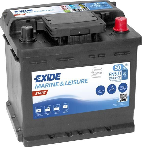 Exide Marin EXD‑EN500 12 V 50 Ah 450 CCA Start Düz Marin Akü – Tekne ve Deniz Araçları İçin