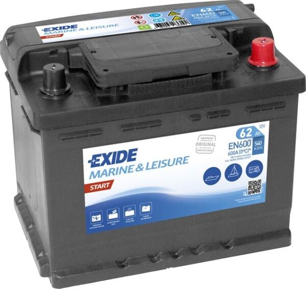 Exide Marin EXD‑EN600 12 V 62 Ah 540 CCA Start Düz Marin Akü – Tekne ve Deniz Araçları İçin