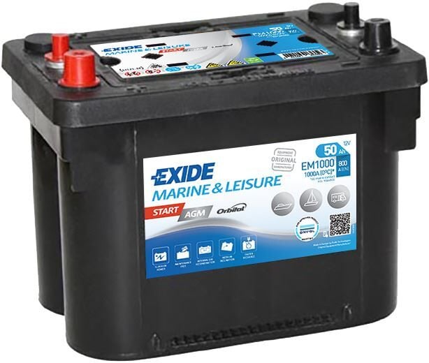 Exide Marin EXD‑EM1000 12V 50 Ah 800 CCA AGM Ters Dual Marin Akü – Tekne ve Deniz Araçları İçin