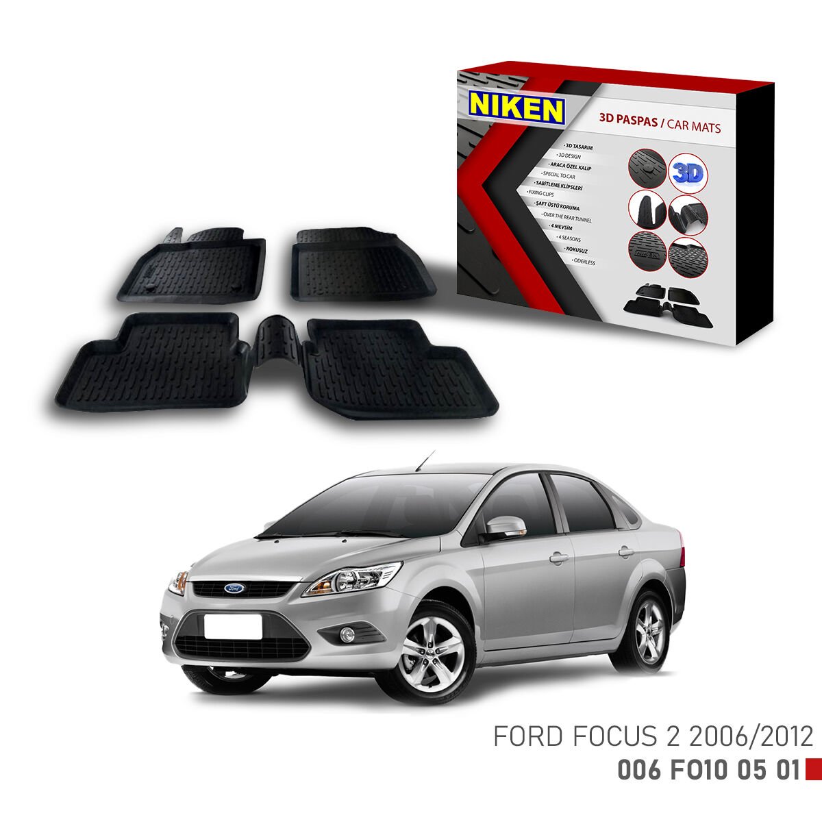 Ford Focus 2 2006-2012-3D Uyumlu Araca Özel Paspas – Dayanıklı ve Şık
