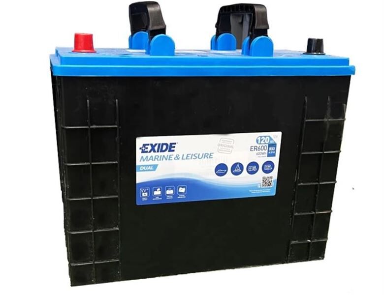 Exide Marin EXD‑ER600 12 V 120 Ah 800 CCA Dual Flooded (Start & Servis) Akü – Tekne ve Deniz Araçları İçin (Ters / ETN 1)